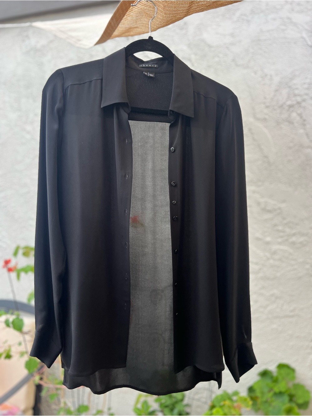 Theory Black Silk Long-Sleeve Button-Up Blouse, Small
